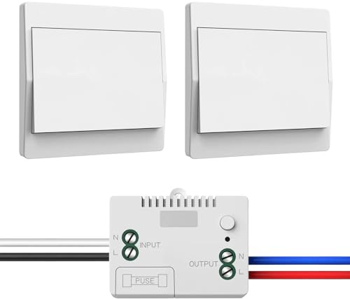 Funk-Lichtschalter 230V Set, Funkschalter – keine Batterien erforderlich, wasserdichter Wandschalter, steuern Sie Ihre Lampe bis zu 200 m fern (1 Empfänger und 2 Schalttafel)