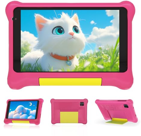 Laptok Kinder Tablet 7 Zoll, Android Tablet für Kinder, 5GB RAM+32GB ROM+128GB Erweiterbar, Wi-Fi, Bluetooth, Type-C, Kids Tablet mit Mit sturzsicherer Schutzhülle Rose