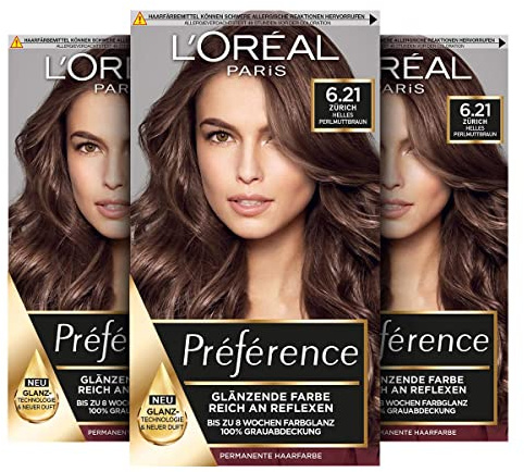 L'Oréal Paris Permanente Haarfarbe, Haarfärbeset mit Coloration und Farbglanz-Pflegebalsam, Préférence, 6.21 Helles Perlmuttbraun, 3er Set