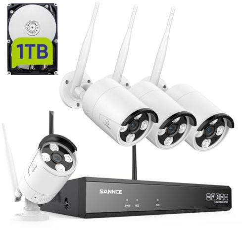 SANNCE WLAN Überwachungskamera Aussen Set, 4×3MP WiFi 6 Kameras Outdoor | 4K NVR 10CH 1TB HDD, Smart IR LEDs, Nachtsicht 30m, Personenerkennung, 2-Wege-Audio, IP66, APP Alarm, 70° Blickwinkel, Alexa