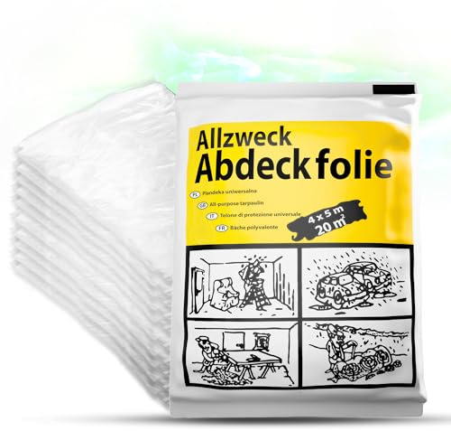 ToolSpace 10er Set Abdeckfolie 4 x 5m PE-Folie Transparente Stark Malerfolie Staubschutzfolie Plastikplane Baufolie Malervlies Tapete Baufolie Allzweck-Folie - Malerplane für Renovierung, Malerarbeit