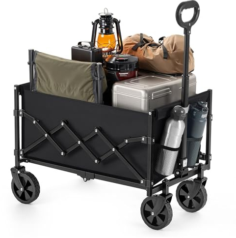 SONGMICS Kleiner Handwagen faltbar, Gartenwagen, kompakt, mit Griff, mit 4 verstärkten Rollen, Davon 2 Universalräder, bis 180 kg belastbar, Outdoor, Garten, 90 L, tintenschwarz GFW909B01