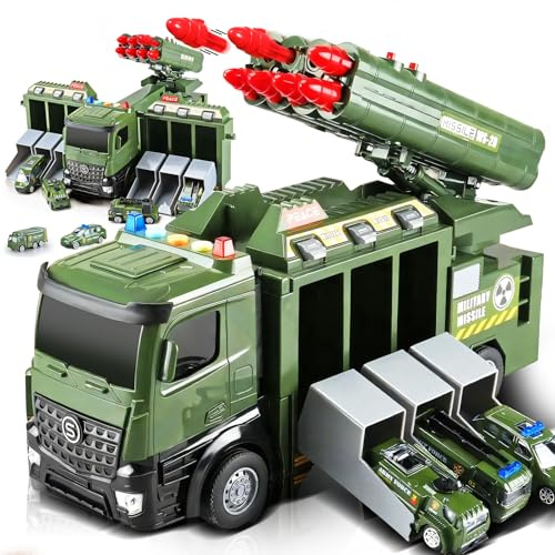 Glanzik Militär-Abenteuer LKW Spielzeug, 32cm Druckguss-Transport-Truck mit Licht & Sound, 8 Projektilen & 6 Mini-Fahrzeugen, Öffnendem Heckfach zum Parken & Starten, Spielzeug ab 3 Jahren