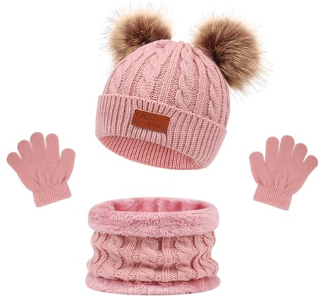 LINSOCLE 3in1 Kinder Wintermütze Schal Handschuhe Set, Strickmütze Babymütze Mütze, Jungen Warme Wintermütze Beanie Hut Handschuhe Runder Schal für Kinder 2-6 Jahre