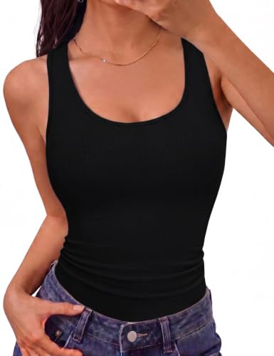 Aottori Tank Top Damen Rundhals Gerippt Ärmellose Oberteile Sommer | Basic Tanktop, Slim Fit, Stretch, Eng, Sexy, Elegante, Casual, Einfarbig, Baumwolle, für Alltag Freizeit Büro