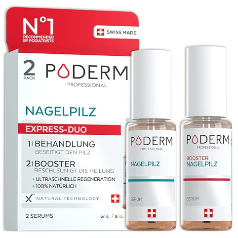PODERM 2in1 Nagelpilz-Behandlung Fußnägel | Duo-Pack - Serum & Booster | für gelbe, brüchige und geschädigte Nägel | 100% Natürlich - Entwickelt von einem Podologen in der Schweiz