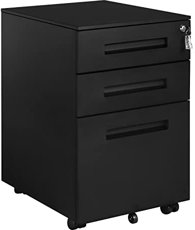 WOLTU Rollcontainer, Mobiler Aktenschrank Büroschrank mit 3 Schubladen | Aus Metall, abschließbares und verstellbares Hängeregister, vormontiert, für Büro Home Office, Schwarz