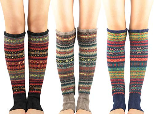 Durio Beenwarmers voor dames, lange gebreide beenwarmers voor de winter, Boheems patroon,Schwarz Khaki U. Navy,Einheitsgröße 3er Pack