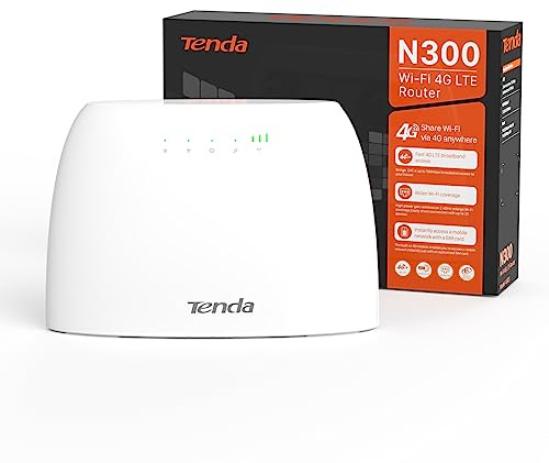 Tenda 4G03 4G LTE Router, WLAN Router für SIM-Karten (CAT4, 150Mbit/s im Download, 300Mbit/s 2,4GHz), 2 Fast-Ethernet-Ports, Plug & Play, APP, IPv6, Gast-Netzwerk, Verkehrdaten-Monitoring, Weiß