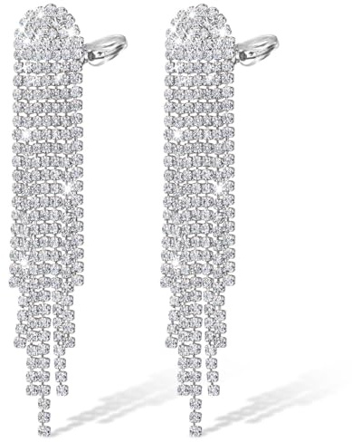 Ohrclips für Damen, Kucheed Strass Quasten Tropfen Ohrhänger, Silberne Kronleuchter Ohrringe, Leichte Nicht Durchbohrte Ohrstecker Lange Kristall Fransen Ohrringe, Schmuck für Hochzeit Party (D)