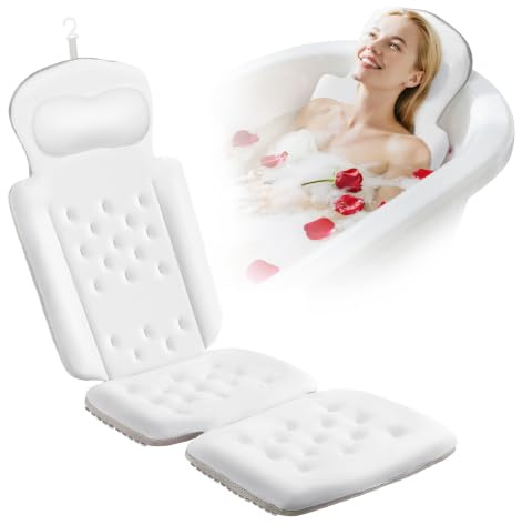 Badewannenkissen Ganzkörper Badekissen, Dickes Badewannenkissen mit Wäschesack, luxuriöses Kissen für Badewanne Kopfstütze Nacken Schulter Unterstützung Entspannung Spa Zubehör (Weiß, 129,5 x 40,6 cm)