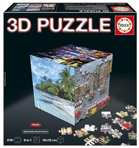 Educa - 3D Puzzle Reise | Die Puzzle-Herausforderung in Form eines Würfels mit insgesamt 216 Teilen. Struktur: Montierbare Basis mit 6 Puzzles zu je 36 Teilen. Ab 6 Jahren (20124)