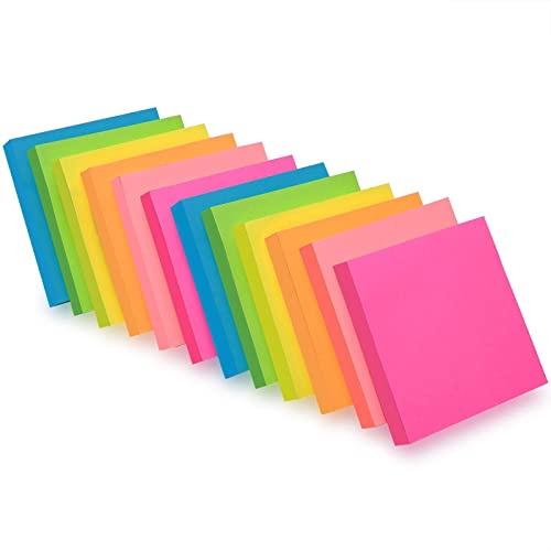 ZCZN 1200pcs Haftnotizen 76 mm x76 mm, Klebezettel zum Beschriften, Sticky Notes für Schule, Zuhause, Büro, 6 Neonfarben, 100 Blatt/Block, 12 Blöcke