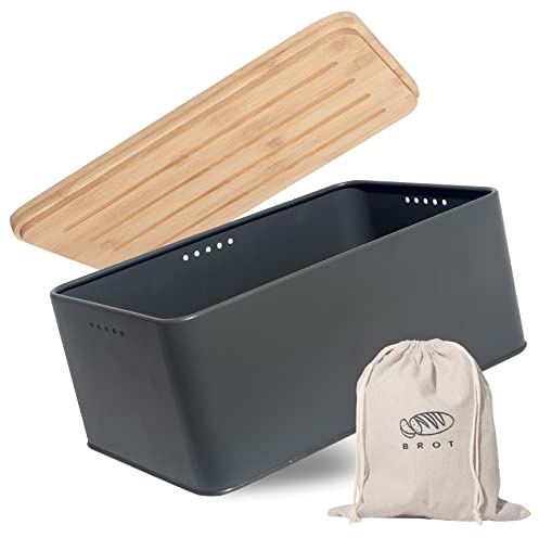 Theo&Cleo Brotkasten mit Schneidebrett , 33x21x15cm , Matte Brotbox mit Bambusdeckel und Leinen Brotbeutel , Rundum Belüftung , Brotkorb für langanhaltende Frische Grau