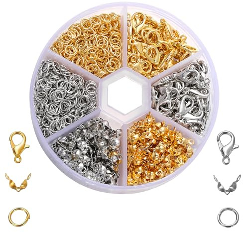 570 Pcs Armband Verschlüsse Set,Schmuckverschlüsse,für DIY,Gold+Silber | Perlen Verschlüsse,Verschlüsse für Armbänder,Kettenverschluss,Biegeringe Karabinerverschluss und Crimpenden,Schmuck Basteln