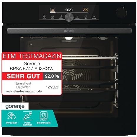 Gorenje OptiBake Advanced BPSA 6747 A08BG Einbau-Backofen / 77L / Heißluft / Pyrolyse / AutoBake / Touch Bedienung / Bratenthermometer / GentleClose & Open / SteamAssist / PizzaMode 300°C/ schwarz