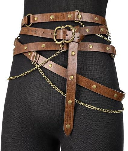 HiiFeuer Mittelalterlicher DIY-Kunstleder-Metallkettengürtel, Vintage Verstellbarer dünner Gürtel für Frauen, Retro Skinny Gürtel für Kleider (Braun A)