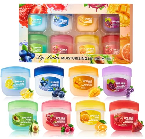 8 Stück Fruit Lippenbalsam - Lippenpflege Lip Balm - Lippenmaske Overnight - Feuchtigkeitsspendend Lipgloss Set - Lip Mask für Sehr Trockene Lippen & Lippenfältchen - Teenager Mädchen Geschenke