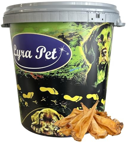 Lyra Pet® 100 STK. Rinderohren getrocknet ca. 6 kg + 30 L Tonne | Naturbelassener Kausnack | Ideal für die Zahnpflege | Leckerli für Hunde | Gut verdaulicher Kauartikel | Proteinhaltiges Hundefutter