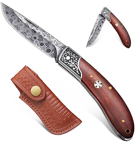 Freelander Taschenmesser Klappmesser Outdoor Klein Klappmesser, Braun | Taschenmesser Damast mit Birnenholzgriff, EDC Klappmesser mit Scheide für Camping & Survival