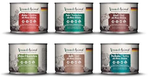 Venandi Animal Premium Nassfutter für Katzen, Probierpaket III, Huhn, Pute, Rind, Huhn + Kaninchen, Kalb, Truthahn, 6 x 200 g, getreidefrei und naturbelassen, 1.2 kg