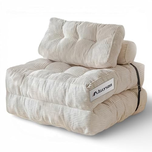 Allyson® Schlafsessel Faltbares 3 in 1 Schlafsofa mit Kissen, Bodensofa mit Rückenstütze, Klappsessel für Wohnzimmer & Schlafzimmer – als Gästebett, Relaxsessel oder Loungesofa - (Beige - 40x85x85 cm)