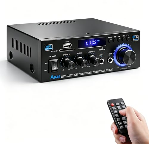 HiFi Verstärker mit Bluetooth AK45 | Mini Stereo Empfänger Audio Audioverstärker 2.0 Kanal 40W × 2 | Karaoke Mikrofon | USB SD FM | Bass Höhenregler | Klein Heim Audio Party Verstärker