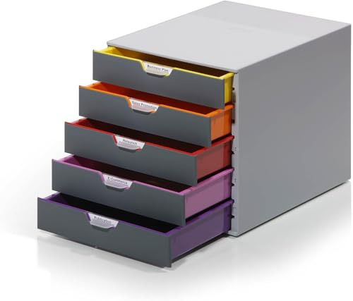 Durable Varicolor Schubladenbox A4, 5 Fächer, mehrfarbig, 760527 | Ablagebox aus ABS Kunststoff, stapelbar, Auszugssperre, für Formate DIN A4, C4, Folio, 280x292x356 mm