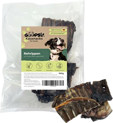GOOPSI Rehrippen Hund getrocknet 300g gestückelt - Kauknochen Hund groß unbehandelt mit Fleischresten, Zahnpflege, Natur Kauartikel wild, Zahnreinigung Hund, Kauspaß für Hunde - aus Deutschland