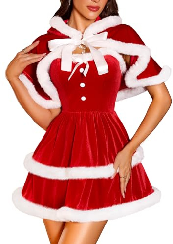 RSLOVE Weihnachten Kostüm Weihnachtsoutfit für Damen - Weihnachtsfrau Kleid Sexy Santa Babydoll mit Cape