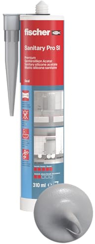 fischer Premium-Sanitärsilikon, Silikon zum Abdichten & Verfugen im Sanitär- und Küchenbereich, Kartusche für zahlreiche Anwendungen und Baustoffe, Langzeitschutz vor Schimmel, 310 ml, silbergrau