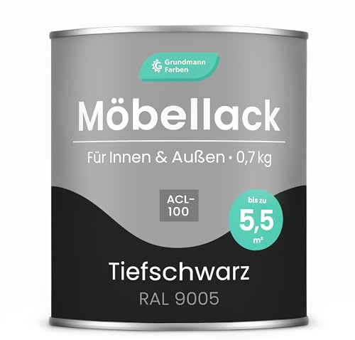 Grundmann Möbellack ACL 100 - Schwarz 0,7 Kg - Lösemittelfrei & Geruchsarm - 4in1 Möbelfarbe inkl. Grundierung - Innen und Außen - Für Holz, Metall & Kunststoff - RAL 9005 Tiefschwarz