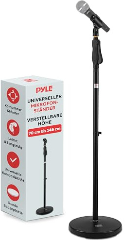 Pyle Mikrofonständer – Höhenverstellbares Mikrofonstativ 70–146 cm mit runder Standbasis – Stabil & kompakt für Bühne, Schule & Studio – Ideal für Kinder, Karaoke, Sprachaufnahme & Auftritt