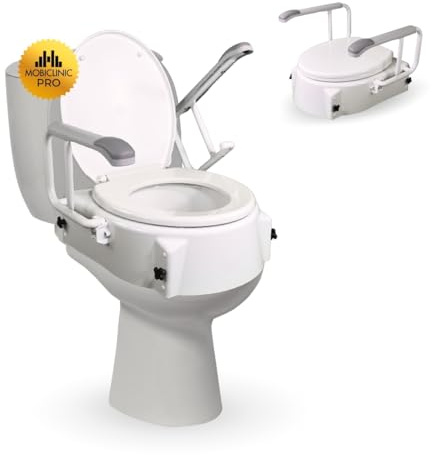 Mobiclinic®, Toilettensitzerhöhung mit Armlehnen, 17 cm, Mit Deckel, Verstellbar, Kippbar, Klappbare Armlehnen, Toilettenlift für ältere und behinderte Menschen, Toilettenerhöhung, Weiß
