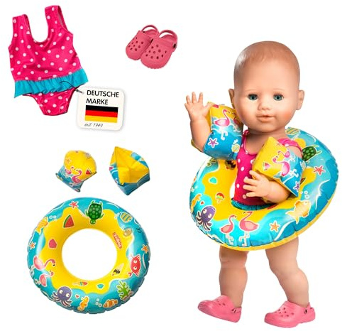 Heless 88 - Schwimm-Set für Puppen, Badeanzug, Clogs, Schwimmring und -flügel mit lustigen Bade- und Wassermotiven, Puppengröße ca. 35 - 45 cm, für Badespaß an heißen Sommertagen