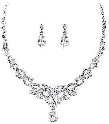 Bewenda Brautschmuck Set, Hochzeit Schmucksets für Damen, Wassertropfen-Ohrringe Lange Strass Halskett Glitzer Modeschmuck, Hochzeitsschmuck für Braut Brautjungfern, Choker klar Strass-Halskette Set