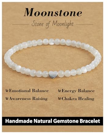 Landorilo Armband Damen, 4mm Echten Naturstein mit 925 Sterling Silber Liebe Perlen, Heilsteine Yoga Perlenarmband, Weihnachten, Geburtstag, Jahrestag Geschenk für Frauen(Mondstein)