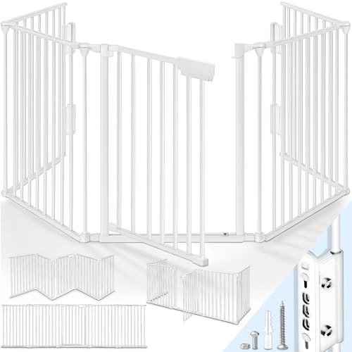 KIDUKU® Kaminschutzgitter mit Tür Metall 240 cm | Absperrgitter Ofenschutzgitter faltbar | Konfigurationsgitter inkl. 4 Elementen (Weiß)