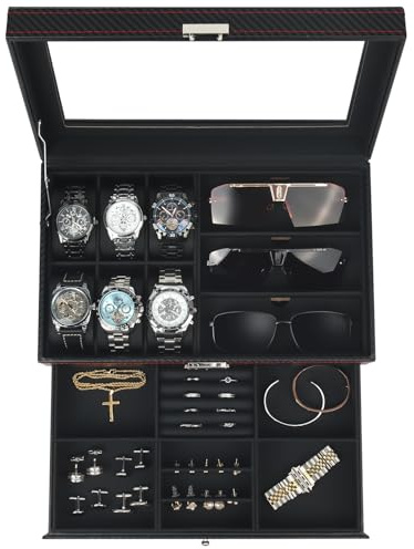 Uhren- und Sonnenbrillenbox mit Glasdeckel – Schmuckkasten für Herren, 6 Fächer, 2 Ebenen, Uhrenetui mit Schloss, Aufbewahrungsbox & Display – Geschenk für Männer und Frauen