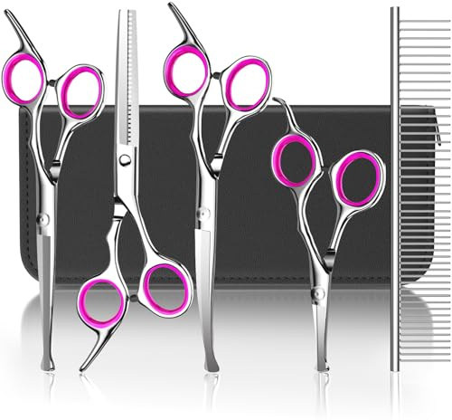 Pawaboo Hundepflege Schere Set, 5 Stück Professionelle Hundesalon Schere Kämmen Fellschere mit Runder Sicherheitspitze für Haustiere Hunde Katze Effilierschere Haarpflege Fellpflege Schneiden - Rosa