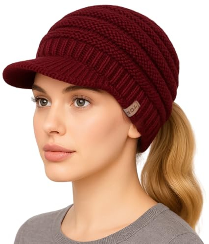 TOP-EX Beanie Damen Wollmuetze Warme Wintermuetze mit Fleecefutter Strickmütze mit Schirm Pferdeschwanz Burgund