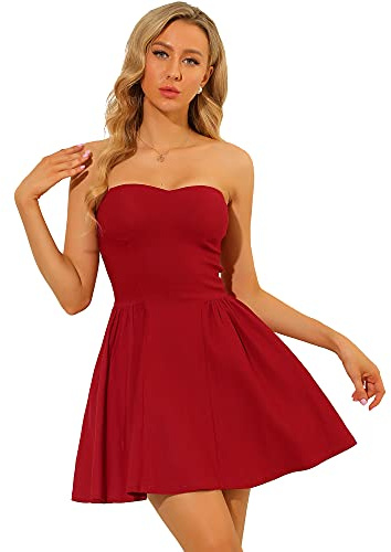 Allegra K Damen Kleid Sexy Trägerlos Schulterfrei A-Linie Party Rüschen Elegant Minikleid Rot S