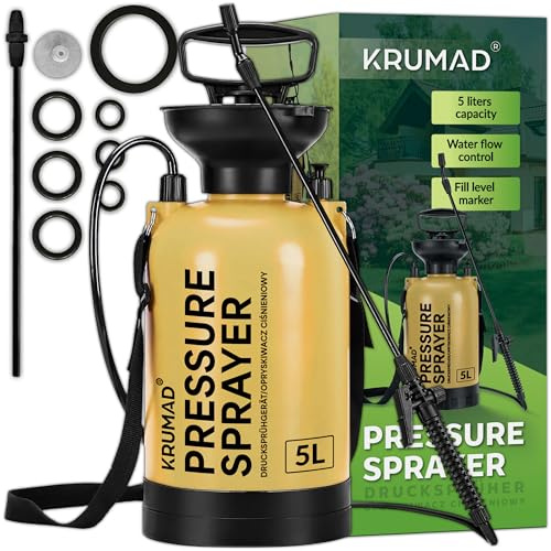 KRUMAD Drucksprüher 5L, Gartenspritze mit Lanze 203,5 cm, Maximaler Druck 3,2 bar, Hand Drucksprühgerät für Garten, Unkraut, Pflanzenschutz & Reinigung, Verstellbarer Sprühkopf, Tragegurt