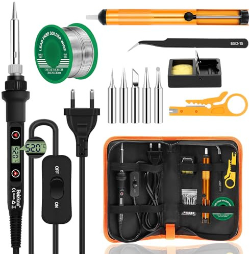 Lötkolben Set 80W LCD Einstellbar Temperatur 180-520°C Lötkolben mit Ein/Aus Schalter, 50g Lötdraht, 5 Lötspitzen, Entlötpumpe, Lötkolbenständer, Pinzette, Lötset für Elektrische Arbeiten