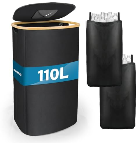 MOWETOO 110L Pfandflaschen Sammelbehälter mit Deckel & 2 abnehmbaren Tragetaschen, Groß Pfandflaschen Aufbewahrung, Behälter Leergut & Altglas Aufbewahrung, Küche Abstellraum Flaschentasche
