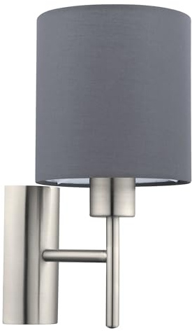 EGLO Wandlampe Pasteri, 1 flammige Textil Wandleuchte, Wohnzimmerlampe aus Metall in Silber und Stoff in Grau, E27 Fassung