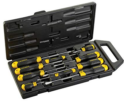 STANLEY Set Schlitz-und Kreuzschlitz-Schraubendreher, 10-tlg. Set, 2-65-005 | Rostfreier Chrom-Vanadium-Stahlstab, farbcodierte Enden, magnetische Spitzen, Weichgriff-Handgriff