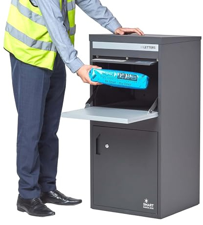Smart Parcel Box Paketbox XXL - Paketbriefkasten wetterfest, grau | Briefkasten mit Paketfach draußen groß, Entnahme hinten & vorne, rostfrei, verzinkter Stahl, pulverbeschichtet