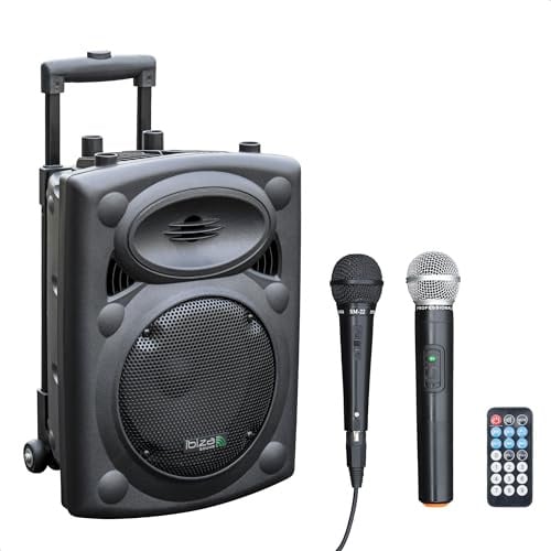 Ibiza PORT8VHF-BT Tragbarer, Akkubetriebener BT-PA-Lautsprecher, 8/20 cm – 400 W Max. / 200 W RMS – Karaoke mit 2 Mikrofonen im Lieferumfang (VHF + Kabelgebunden) – TWS – USB, SD, Rec, VOX – Trolley