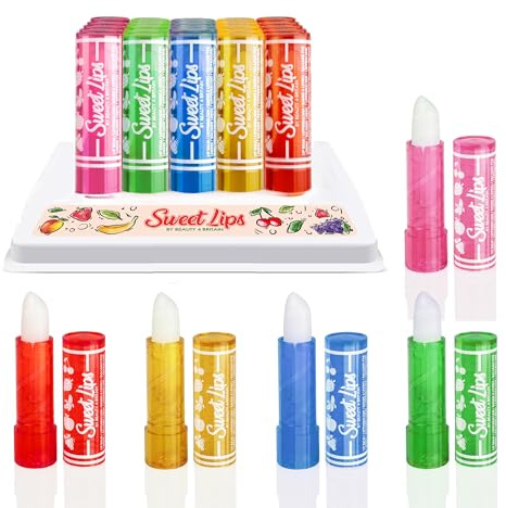 Beauty4Britain 25 x Lippenbalsam Set Sweet Lips - 5 Fruchtige Geschmacksrichtungen, Lang anhaltende Lippenpflege, Großhandel (25)